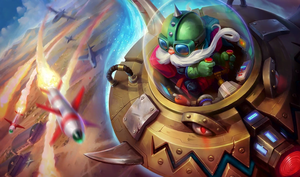 A Yordle from League of Legends flying a UFO and dodging rockets.