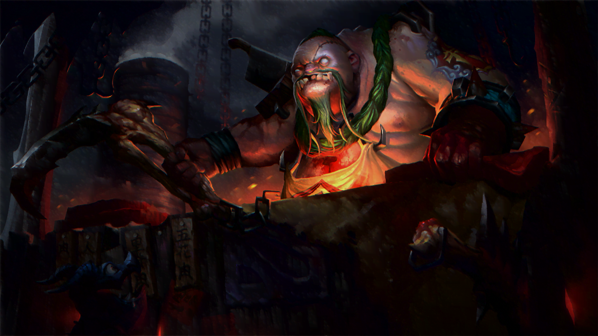 A large butcher sits at a desk with a hook in Dota 2.