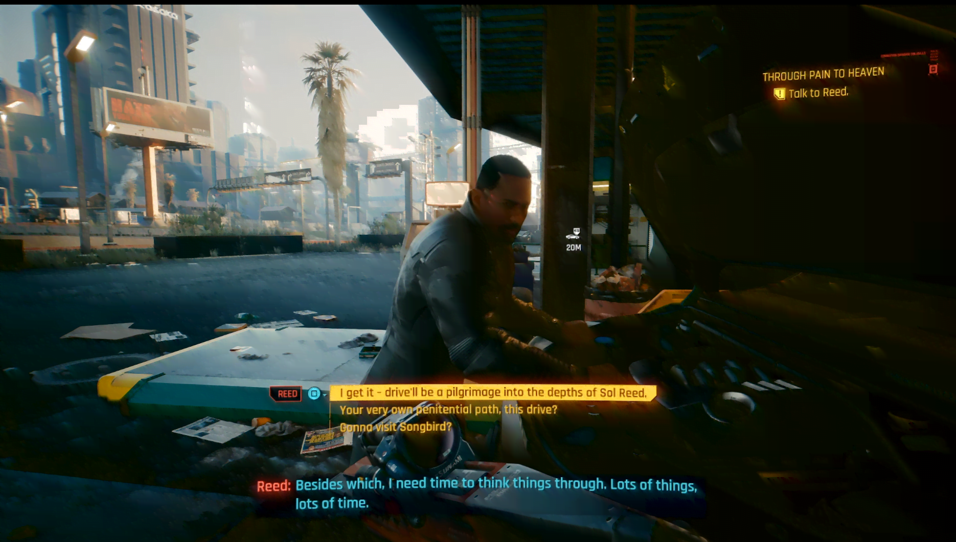 Solomon Reed works on his car in the Through Pain to Heaven quest in Cyberpunk 2077 Phantom Liberty. Screenshot by .