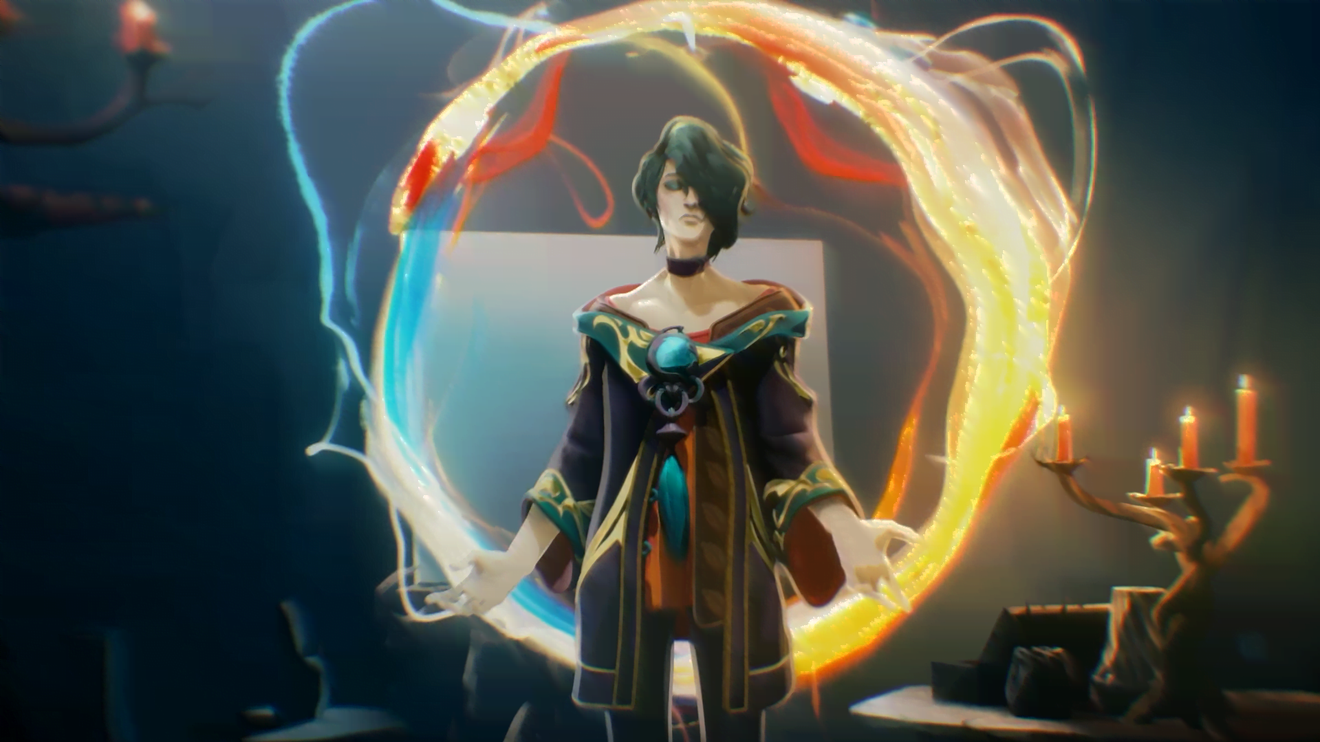 Hwei, from League of Legends, standing as colorful paint spins around behind him.