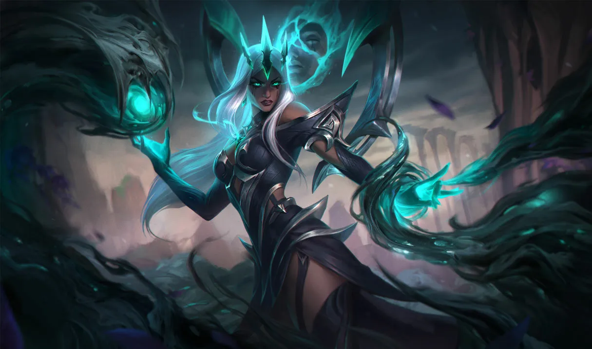 Karma Ruined splash art with green orbs