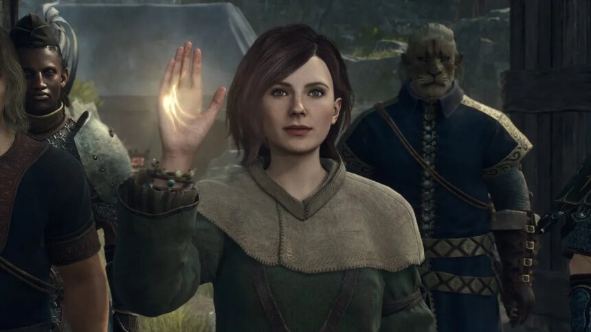 A woman holds up a glowing hand in Dragon's Dogma 2
