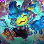 Space Groove Teemo jumps forward on his roller skates with a big smile on his face and his eyes closed in League of Legends