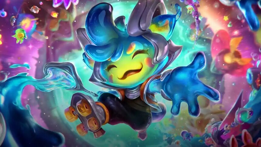 Space Groove Teemo jumps forward on his roller skates with a big smile on his face and his eyes closed in League of Legends