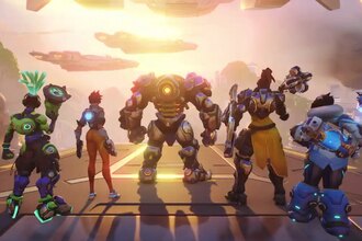 Lucio, Tracer, Reinhardt, Brigitte, and Mei stand facing incoming flying ships that are invading the world.