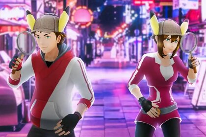 Pokemon Go Detective Pikachu pose and costumes in use.