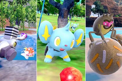 Side-by-side images of Varoom, Magikarp, Shinx, and Rellor in Pokémon Scarlet and Violet.
