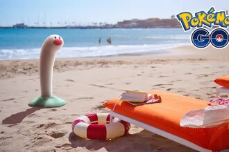 Wiglett at the beach in Pokemon Go.