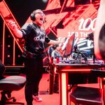 Kelden "Boostio" Pupello celebrates on stage with 100 Thieves VALORANT at VCT Americas.