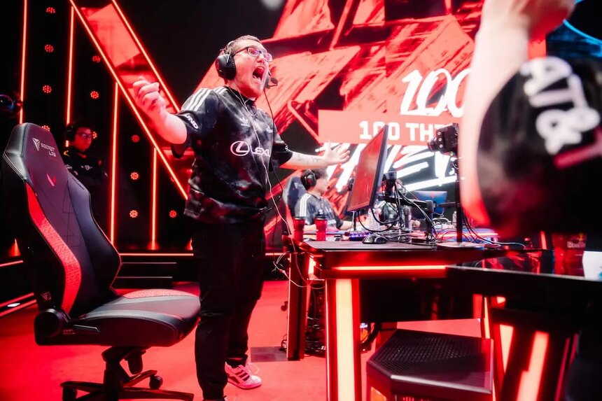 Kelden "Boostio" Pupello celebrates on stage with 100 Thieves VALORANT at VCT Americas.