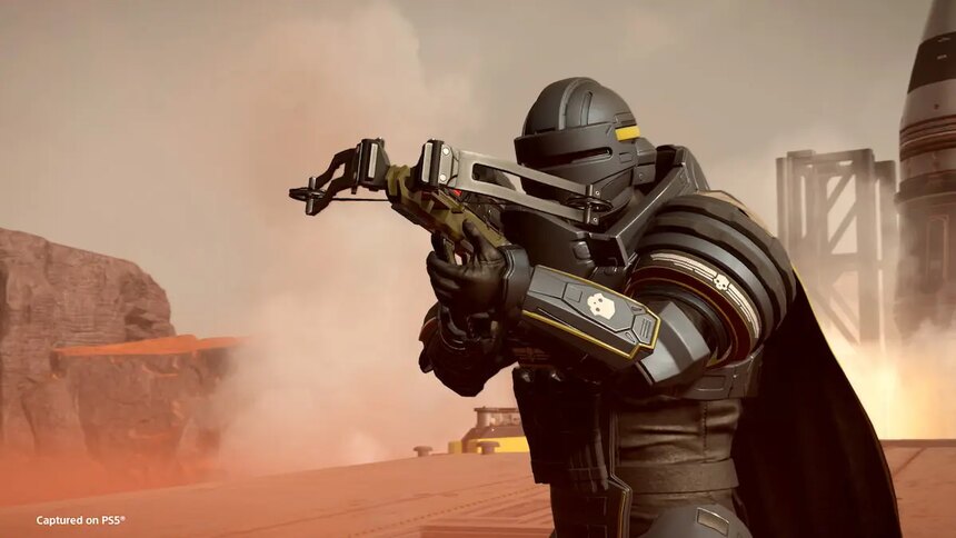 Helldivers 2 player holding a crossbow