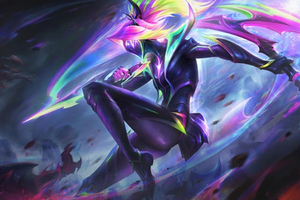 Empyrean Akali from League of Legends dashes across a rainbow landscape with her rainbow blades.