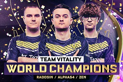 Three young men in Team Vitality jerseys stand triumphant. They have become Rocket League champions.