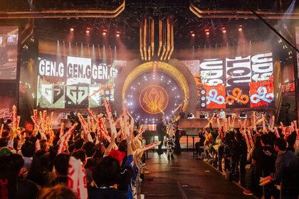 MSI 2023 stage with Cloud9 and Gen.G players taking their places.