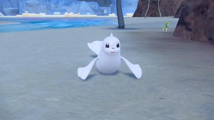 Dewgong on a beach in Pokémon Scarlet and Violet
