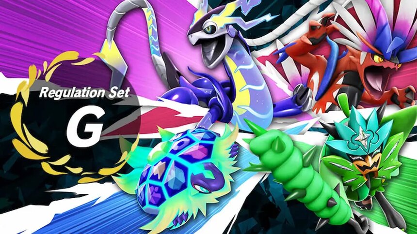 Pokémon Scarlet and Violet poster for Regulation G featuring Miraidon, Koraidon, Terapagos, and Ogerpon.