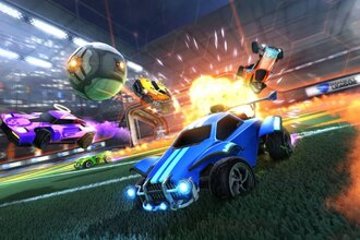 Promotional artwork for Rocket League that shows cars fleeing an explosion.