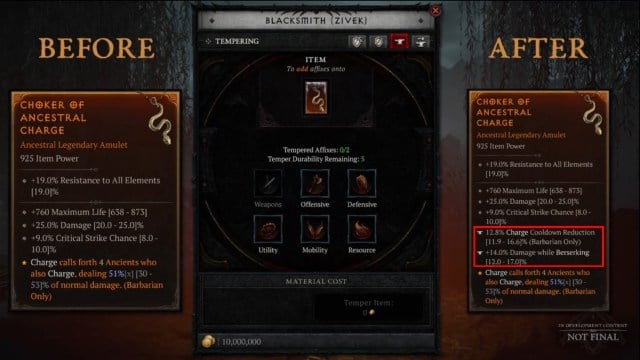 Before and after affixes for a tempered item in Diablo 4 season 4