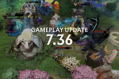 A teamfight in Dota 2 breaks out behind the Gameplay 7.36 update banner.