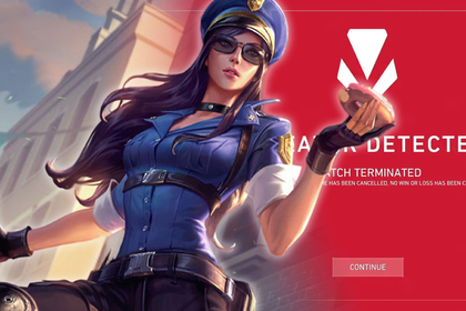 Riot Officer Caitlyn from League of Legends appears in front of a VALORANT Vanguard cheater detected warning with a doughnut in her hand.