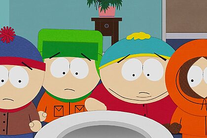 Stan, Kyle, Cartman, and Kenny looking down the toilet in South Park: Snow Day!