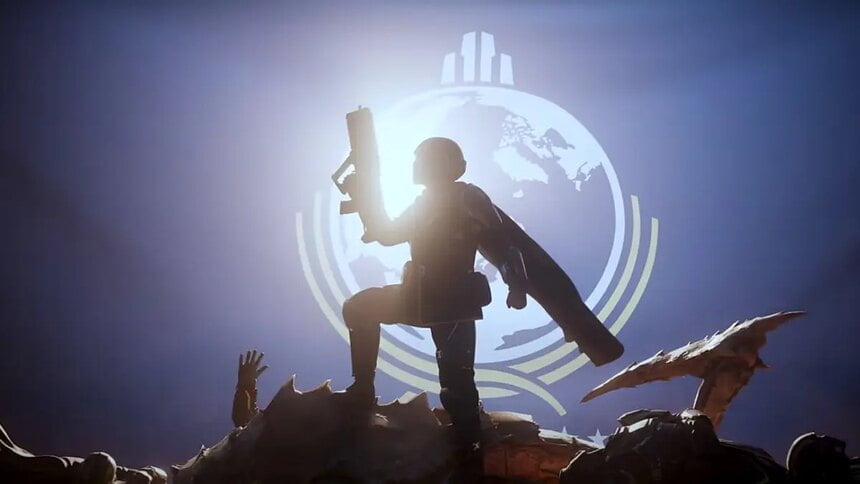 A Heldiver is silhouetted on a planetary flag in Helldivers 2.