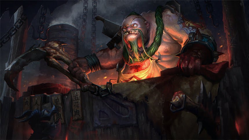 A large butcher sits at a desk with a hook in Dota 2.